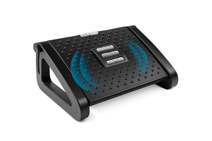 Black footrest with blue accents on a white background