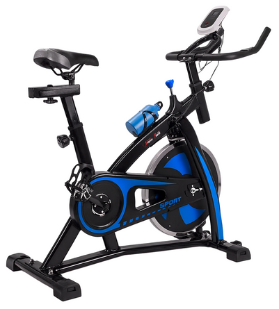 Black and blue exercise bike on a white background