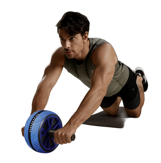 Man exercising with an ab roller on a white background