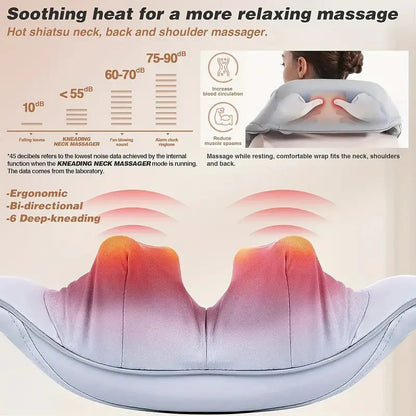 Hot shiatsu neck, back, and shoulder massager with text on soothing heat and massage benefits.
