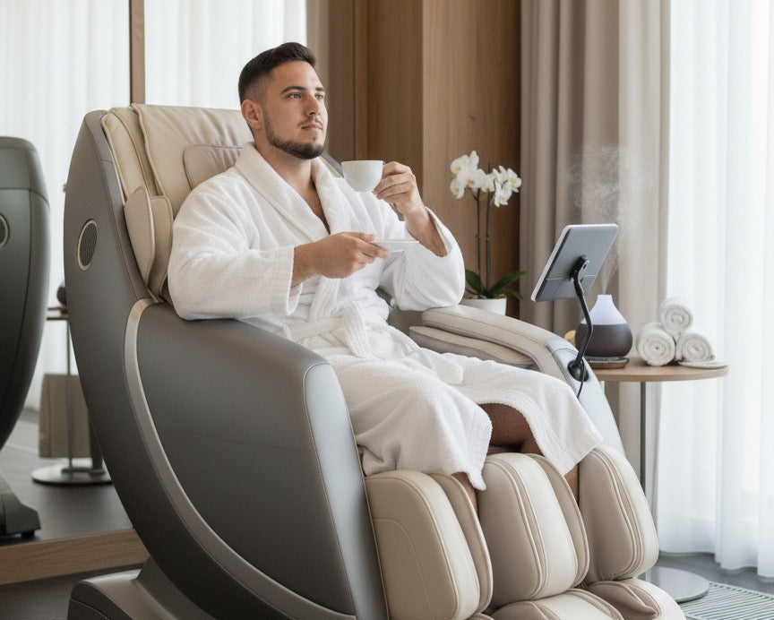 Man in a white robe sitting in a massage chair in a modern room.