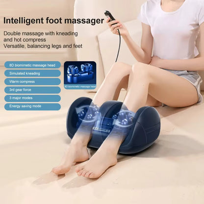 Intelligent foot massager being used on a person's feet with product details displayed.