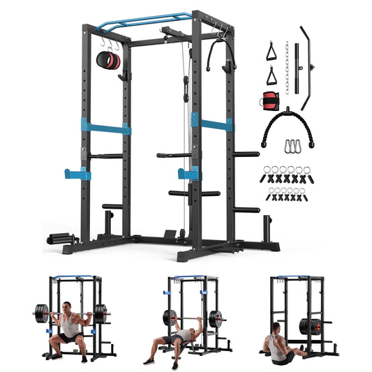 Power Cage,1200Lbs Multi-Function Power Rack with with Lat Pulldown and More Training Attachment, Weight Cage for Home Gym