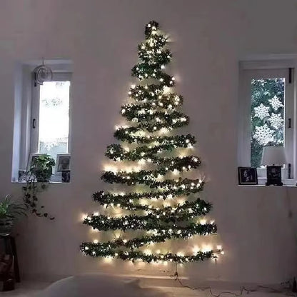 2M Christmas Green Cane Ribbons Garland with LED Lights, DIY Xmas Tree Ornaments, Christmas Rattan Wreath Home Party Decoration