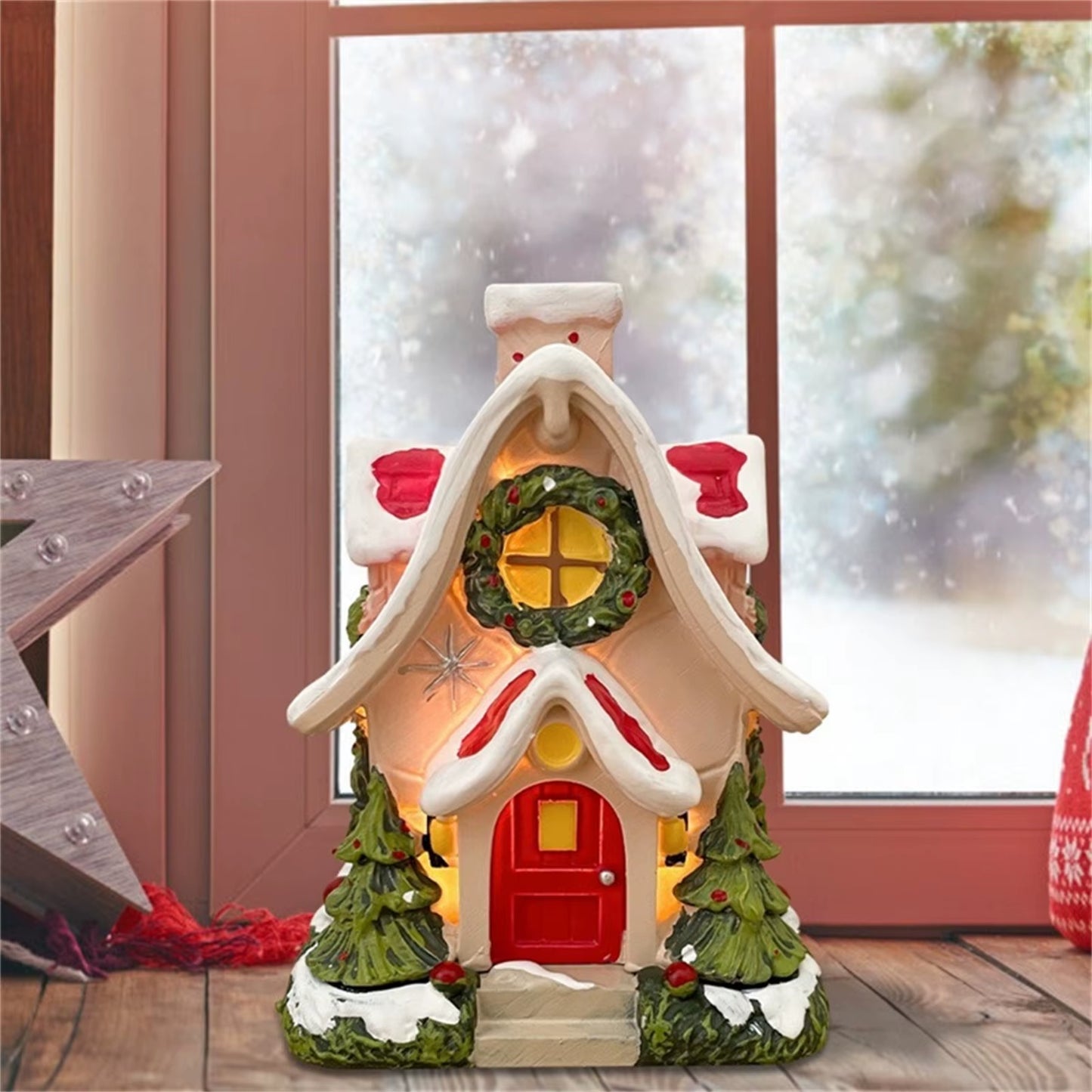 Log Cabin Christmas Decorations Luminous Resin Snow House Table Top Desktop Home Decorations New Year Gifts Party Supplies