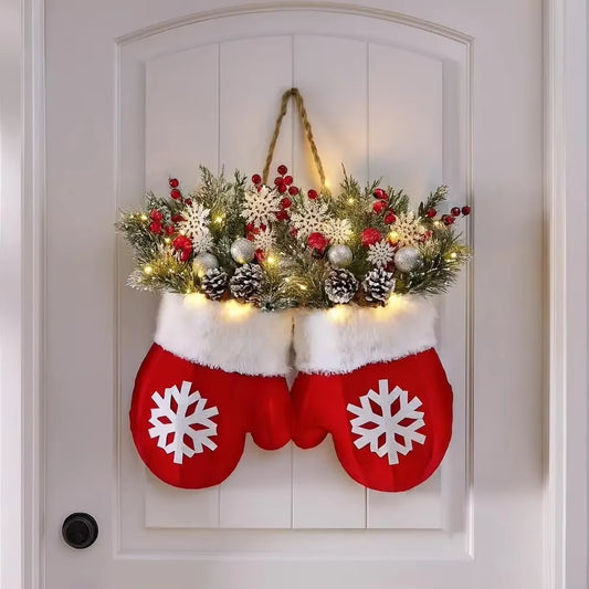 1Pcs Twinkling Christmas Mitten Wreath Christmas Lighted Werath Front Door Artificial Garland for Party Wall Decoration