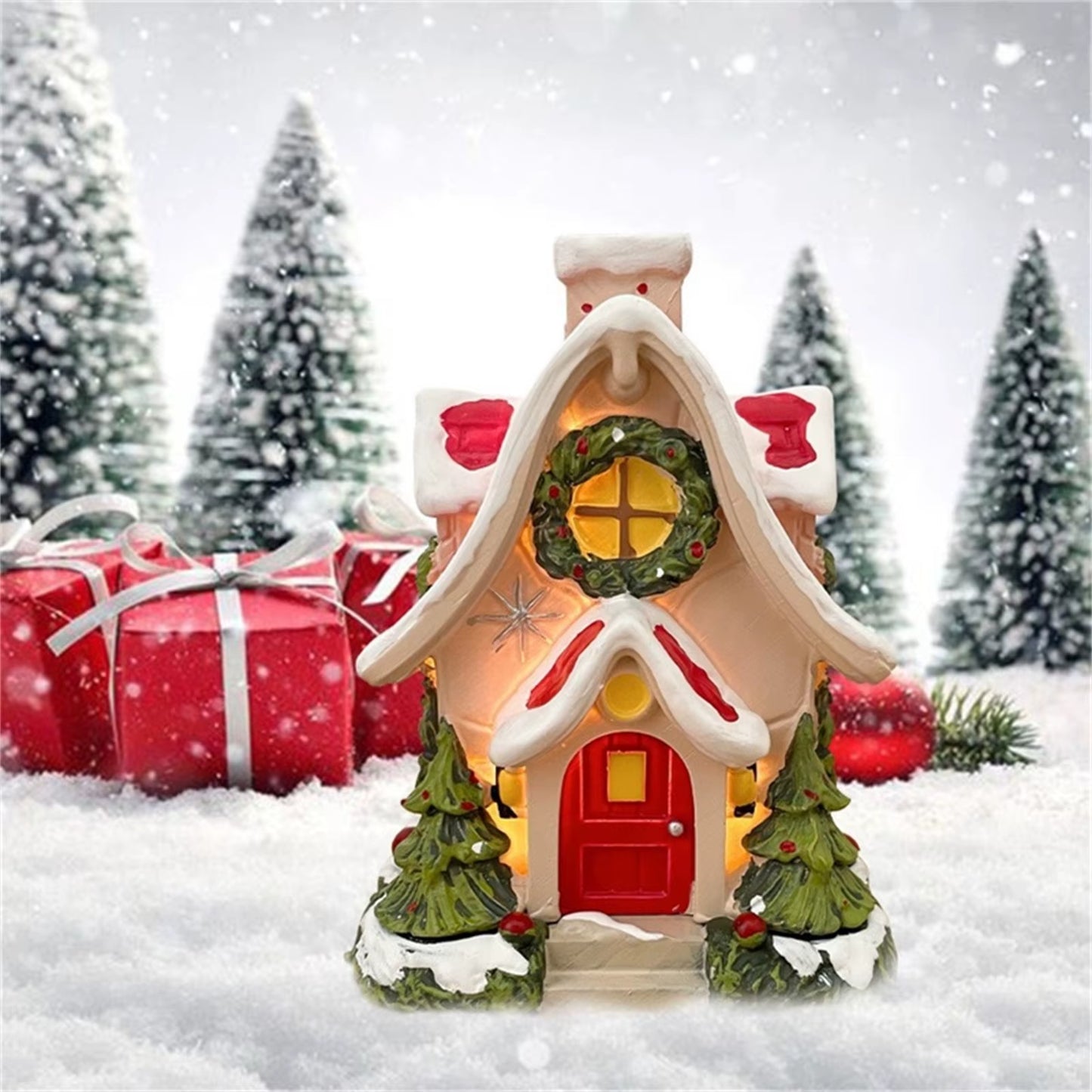 Log Cabin Christmas Decorations Luminous Resin Snow House Table Top Desktop Home Decorations New Year Gifts Party Supplies