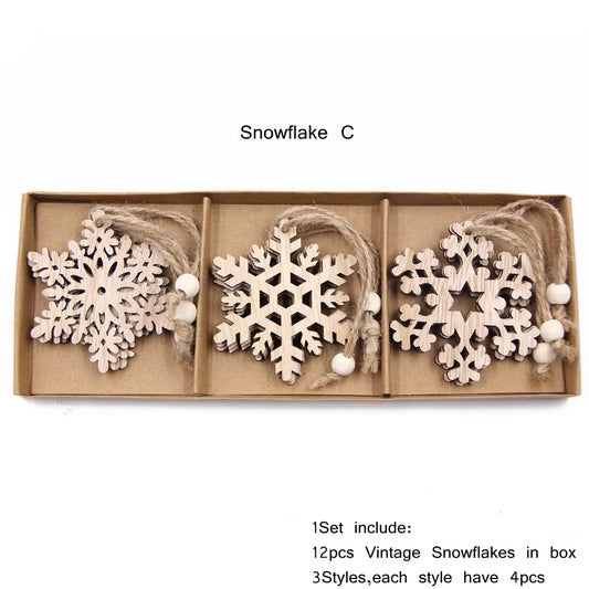 12Pcs/Box Wooden Hollow Snowflake Christmas Vintage Pendants Xmas Hanging Ornaments for Noel Tree Decorations DIY Painting Gifts