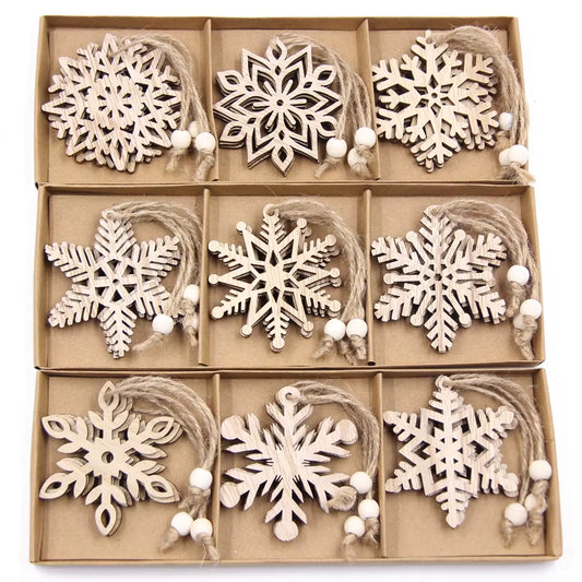 12Pcs/Box Wooden Hollow Snowflake Christmas Vintage Pendants Xmas Hanging Ornaments for Noel Tree Decorations DIY Painting Gifts