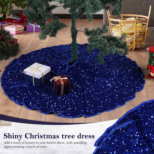 47.5In Christmas Tree Skirt Blue Sequins Tree Skirts for Xmas Tree Decoration round Sparkling Holiday Tree Ornament for New Year