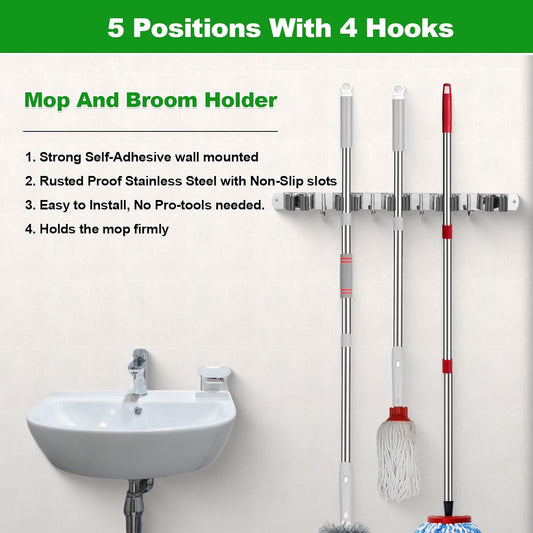 Voze 5 Racks and 4 Hooks Mop and Broom Holder Wall Mount