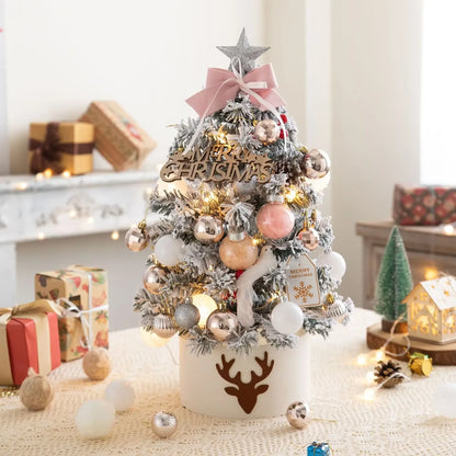 2025Desktop Mini Christmas Tree Set 60Cm, Pink, with Lights, Flocked Christmas Decorations