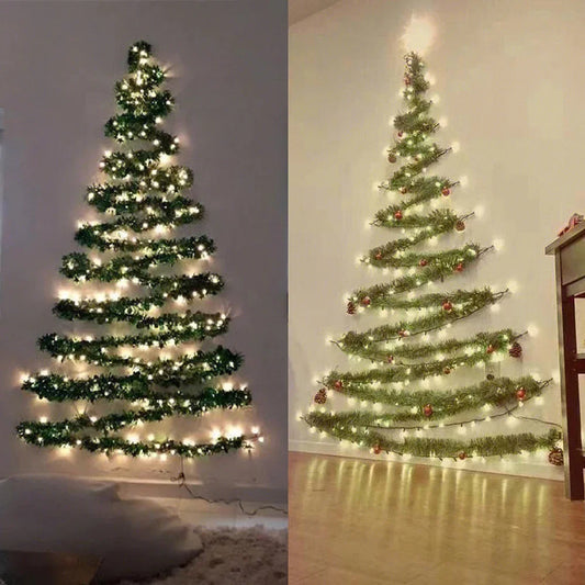 2M Christmas Green Cane Ribbons Garland with LED Lights, DIY Xmas Tree Ornaments, Christmas Rattan Wreath Home Party Decoration
