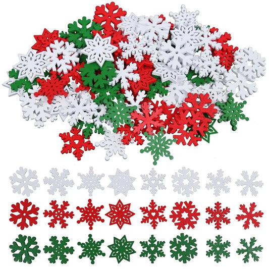 50Pcs Christmas Snowflake Wood Chips Wooden Snowflake Ornaments Colorful Holiday Party Window Decorations DIY Xmastree Crafts