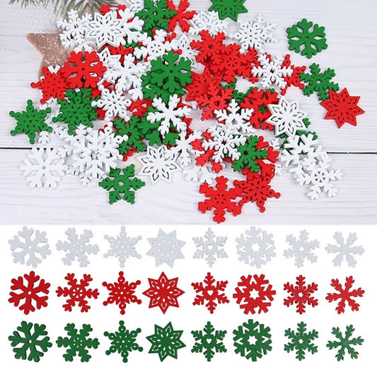 50Pcs Christmas Snowflake Wood Chips Wooden Snowflake Ornaments Colorful Holiday Party Window Decorations DIY Xmastree Crafts