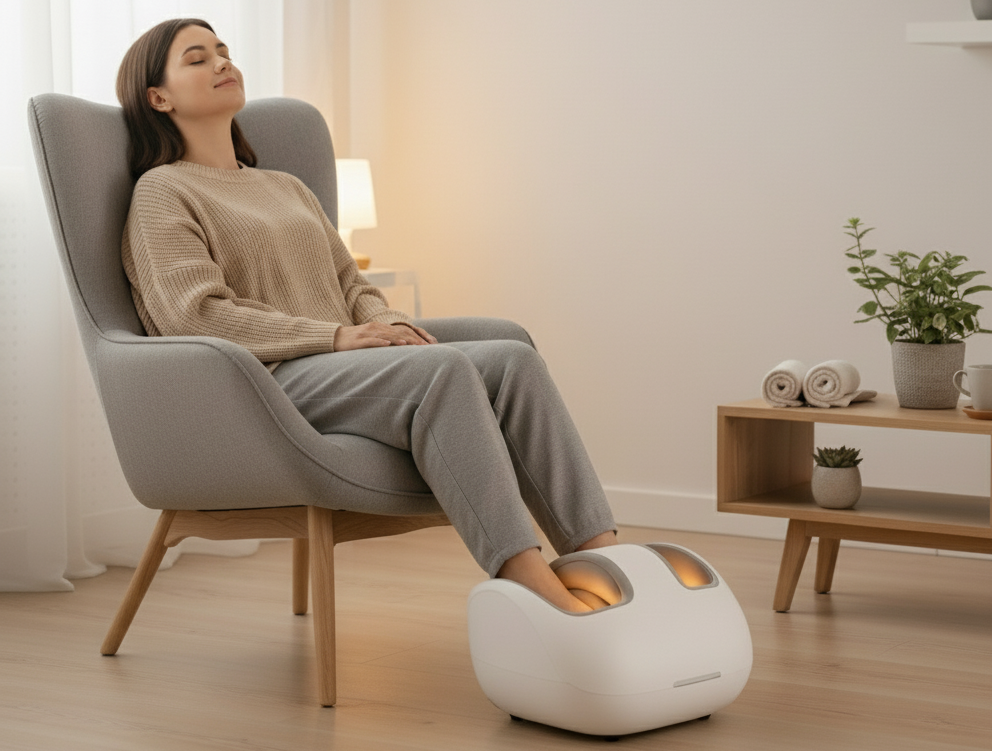 Woman using a foot massager in a cozy living room.