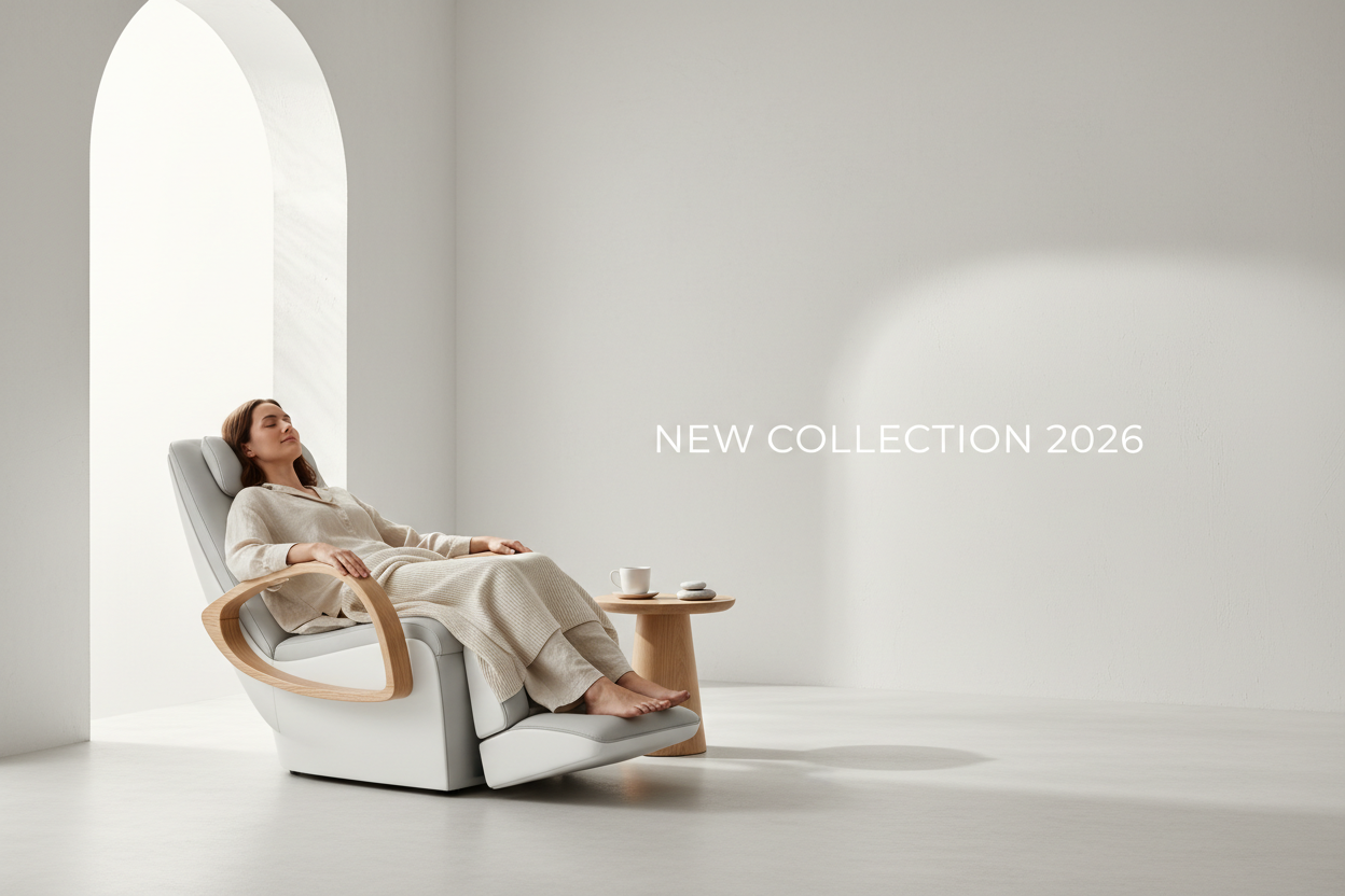 Woman relaxing in a modern massage chair with 'New Collection 2026' text.