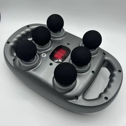 SP!NECK massager device with six black massage nodes and red heat light, ergonomic design