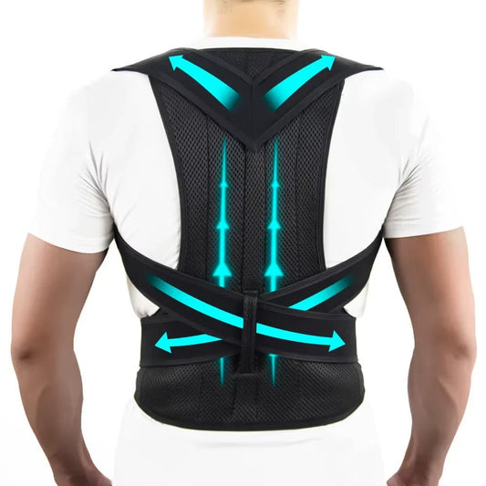 SP!NECK posture corrector back brace worn by person, showing ergonomic support arrows for spine alignment