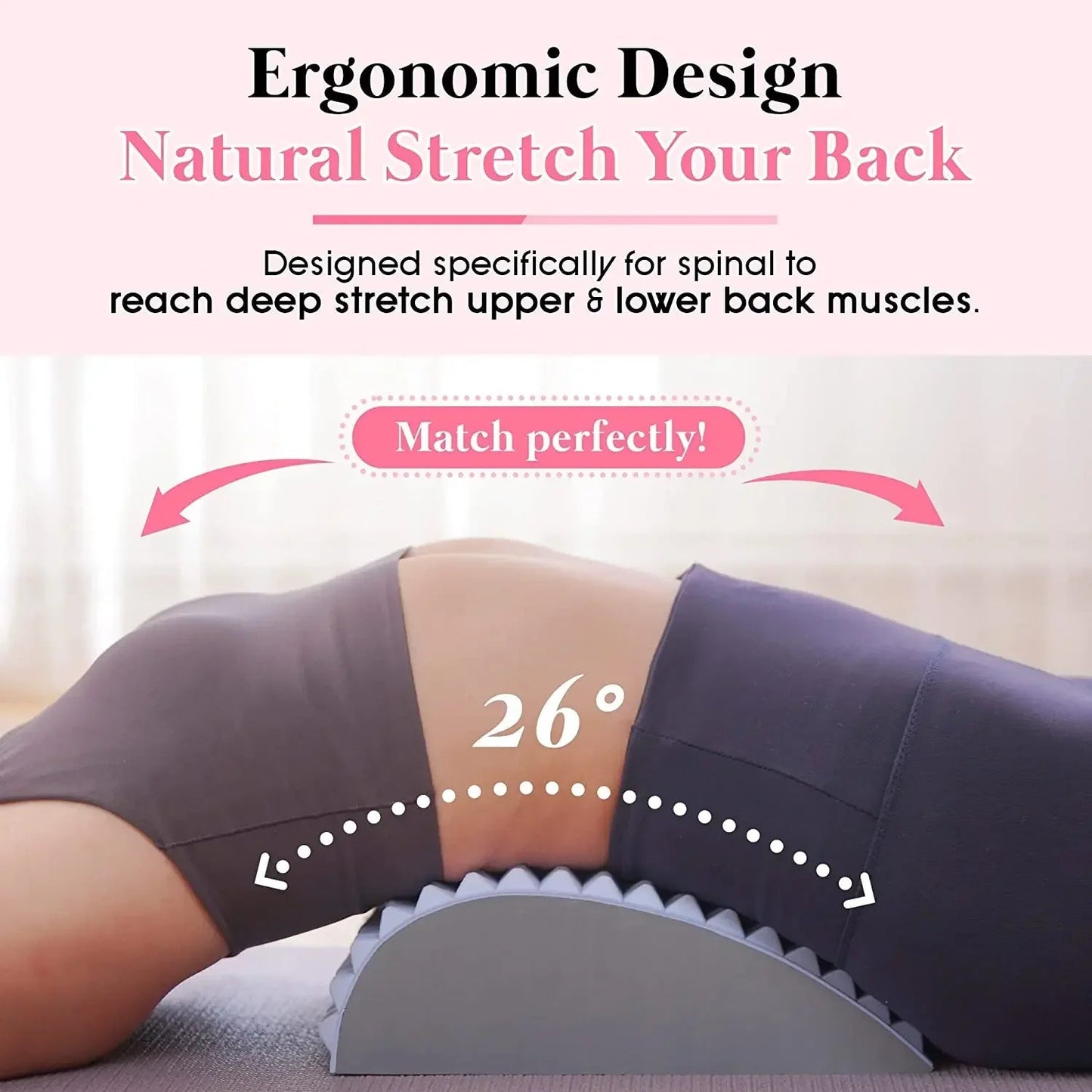 Ergonomic SP!NECK back stretcher supports spine, demonstrates 26° stretch for posture relief.