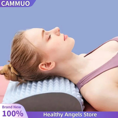 Woman using ergonomic neck support pillow for pain relief and posture correction