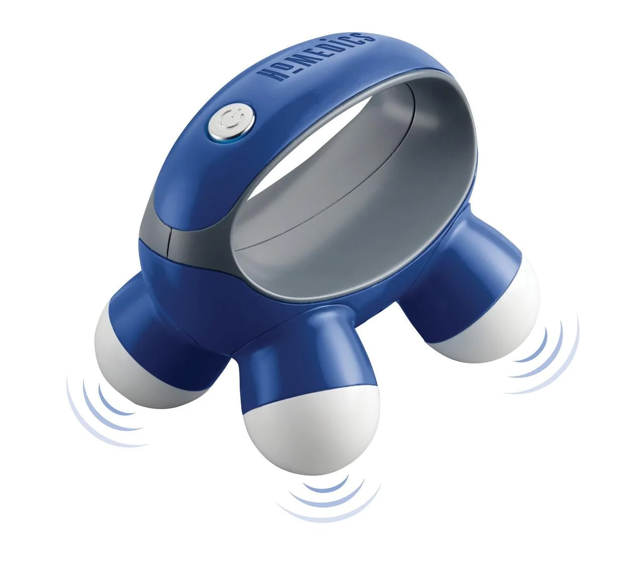 Blue handheld vibrating massage device with ergonomic handle for pain relief and wellness