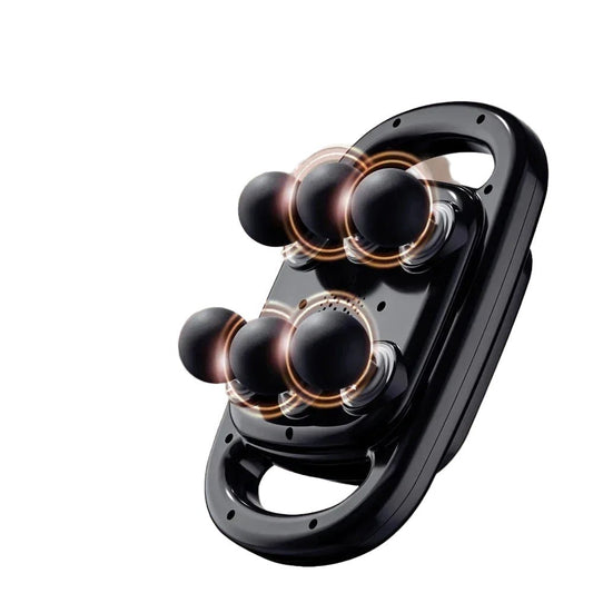 SP!NECK™ ergonomic black neck massager with rotating massage nodes on white background