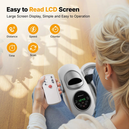 Woman using SP!NECK under-desk pedal exerciser with easy-read LCD screen and remote control