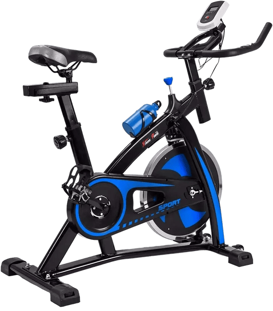 SP!NECK blue and black indoor exercise bike with digital display and water bottle holder
