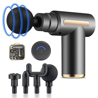 SP!NECK massage gun with ergonomic design, LED display, and four interchangeable heads