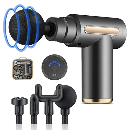 SP!NECK massage gun with ergonomic design, LED display, and four interchangeable heads