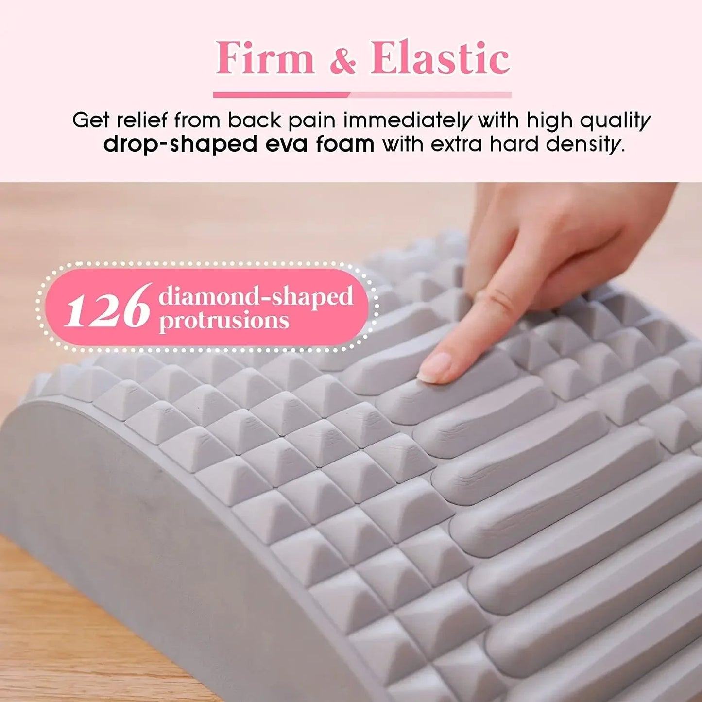 Hand pressing firm gray SP!NECK EVA foam back stretcher with 126 diamond-shaped massage protrusions
